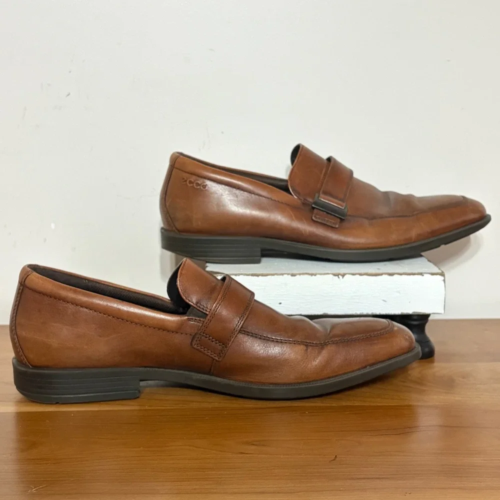ECCO Mens Cognac Brown Leather Loafers Square Toe Monk Strap Shoes 43 404888